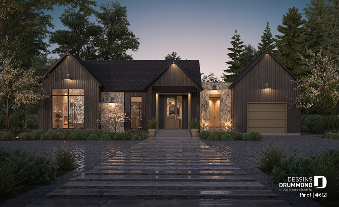 Vue avant - MODÈLE DE BASE - Plan de maison scandinave à aire ouverte avec garage, 1 to 4 chambres et sous-sol optionnel ! - Pinot