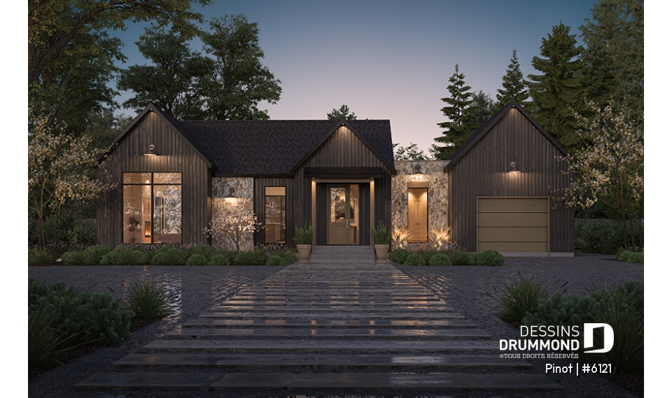 Vue avant - MODÈLE DE BASE - Plan de maison scandinave à aire ouverte avec garage, 1 to 4 chambres et sous-sol optionnel ! - Pinot