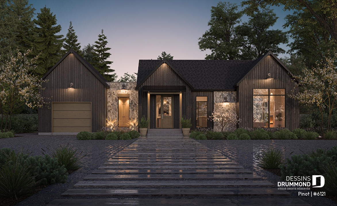 Vue avant - MODÈLE DE BASE - Plan de maison scandinave à aire ouverte avec garage, 1 to 4 chambres et sous-sol optionnel ! - Pinot