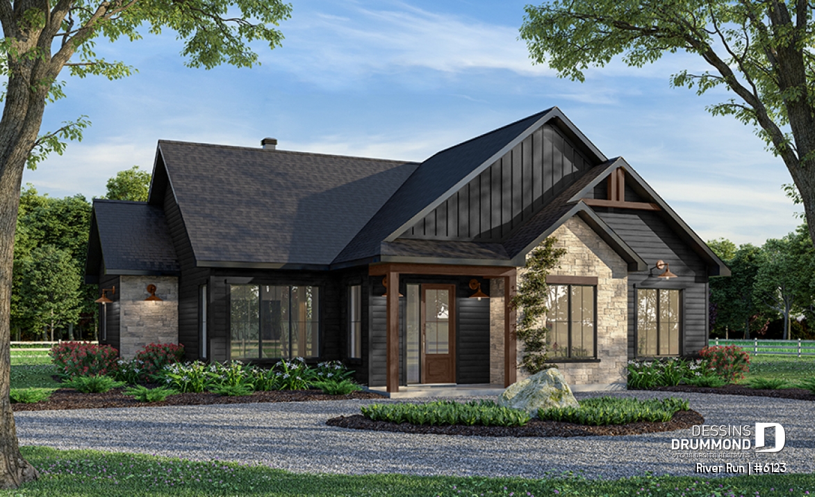Vue avant - MODÈLE DE BASE - Modèle de maison plain-pied 4 chambres au rez-de-chaussée, 2 salles de bain et terrasse abritée - River Run