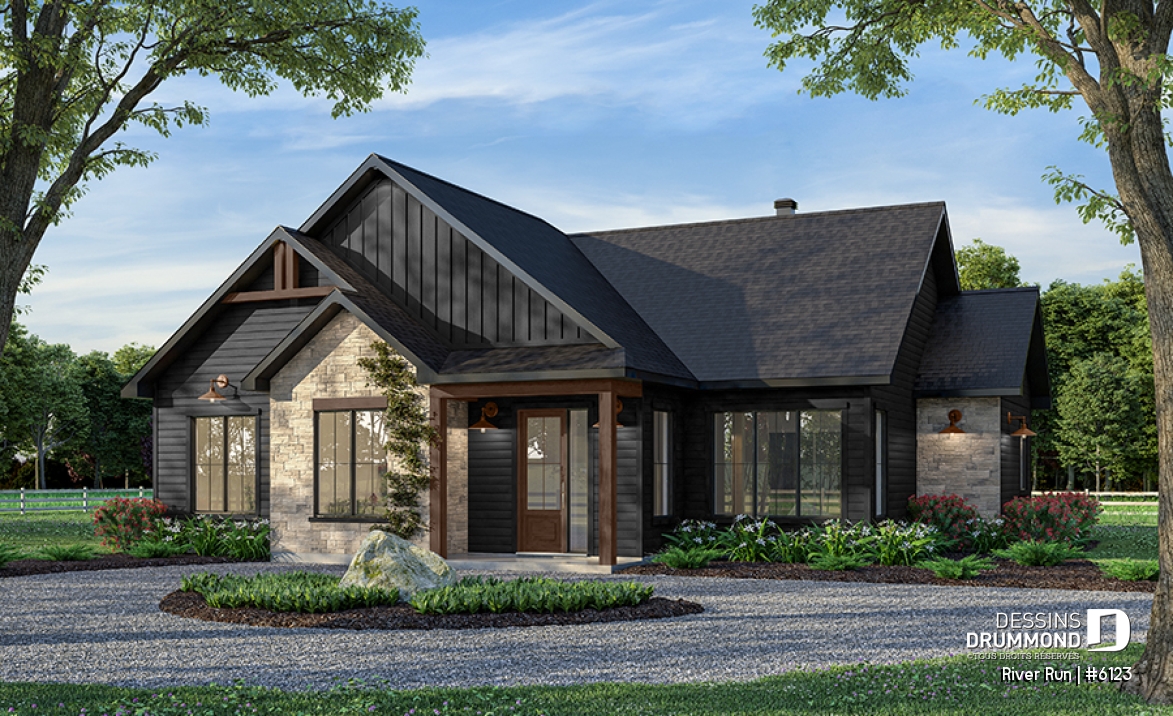 Vue avant - MODÈLE DE BASE - Modèle de maison plain-pied 4 chambres au rez-de-chaussée, 2 salles de bain et terrasse abritée - River Run