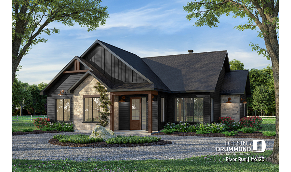 Vue avant - MODÈLE DE BASE - Modèle de maison plain-pied 4 chambres au rez-de-chaussée, 2 salles de bain et terrasse abritée - River Run