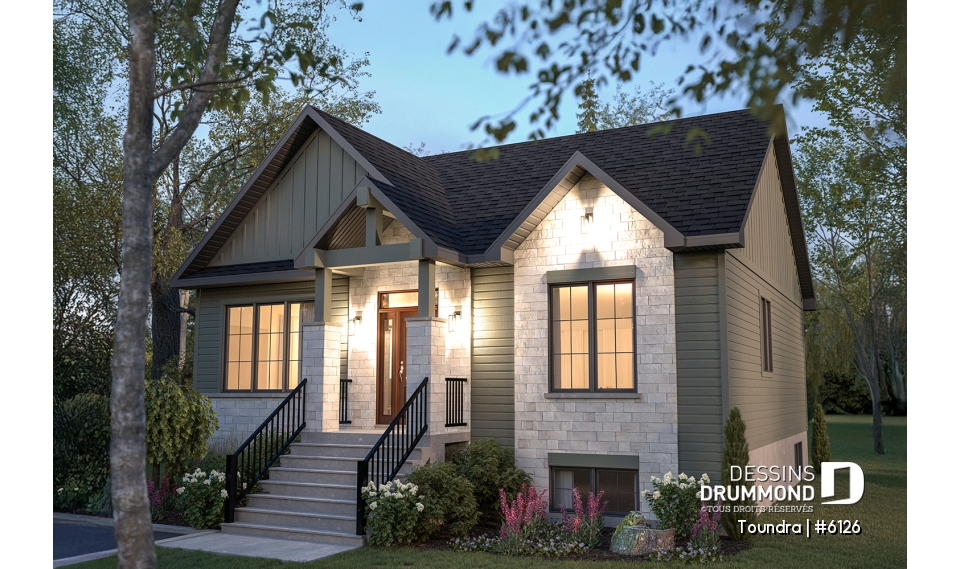 Vue avant - MODÈLE DE BASE - Plan de maison plain-pied, 2 à 4 chambres, aire ouverte, vestiaire et sous-sol aménagé (optionnel $) - Toundra