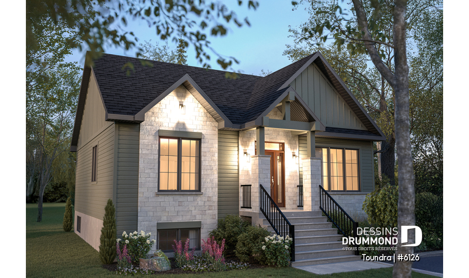 Vue avant - MODÈLE DE BASE - Plan de maison plain-pied, 2 à 4 chambres, aire ouverte, vestiaire et sous-sol aménagé (optionnel $) - Toundra