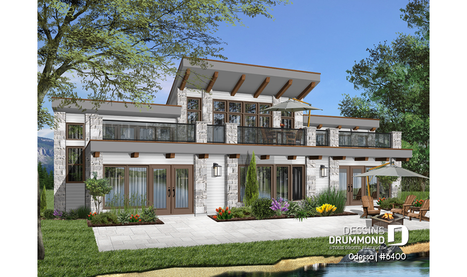 Version couleur no. 4 - Vue arrière - Plan maison moderne bord de l'eau, 3 chambres, 2.5 salles de bain, énorme terrasse à l'étage, 2 salons, foyer - Odessa
