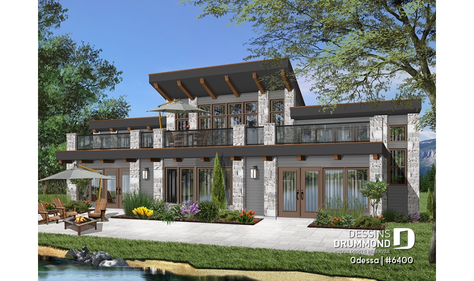 Vue arrière - MODÈLE DE BASE - Plan maison moderne bord de l'eau, 3 chambres, 2.5 salles de bain, énorme terrasse à l'étage, 2 salons, foyer - Odessa