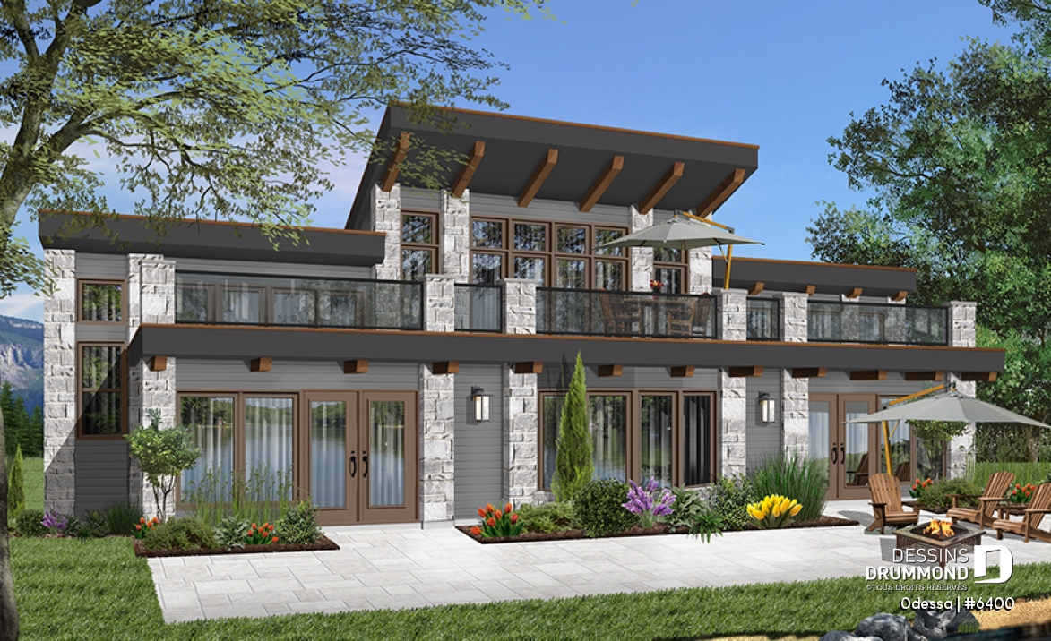 Vue arrière - MODÈLE DE BASE - Plan maison moderne bord de l'eau, 3 chambres, 2.5 salles de bain, énorme terrasse à l'étage, 2 salons, foyer - Odessa