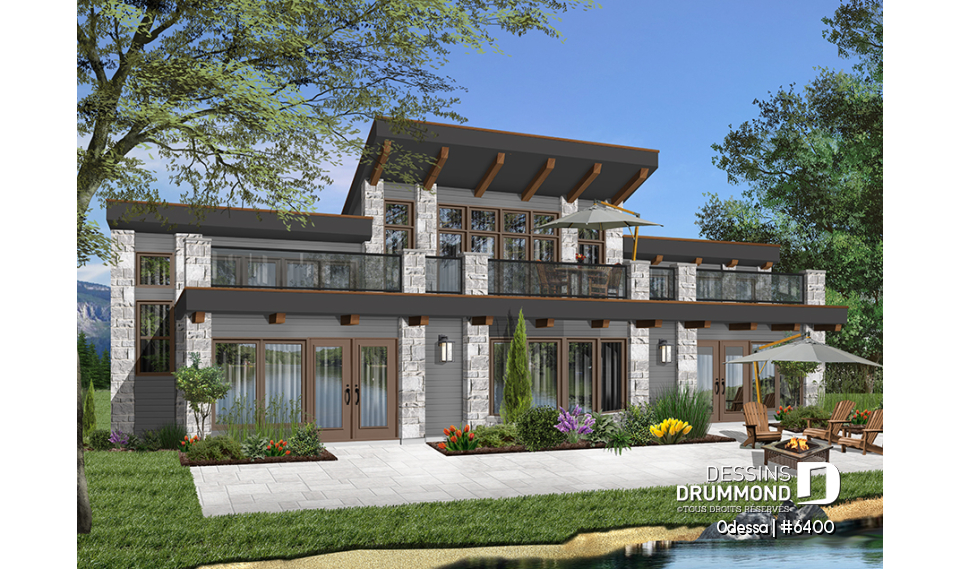 Vue arrière - MODÈLE DE BASE - Plan maison moderne bord de l'eau, 3 chambres, 2.5 salles de bain, énorme terrasse à l'étage, 2 salons, foyer - Odessa