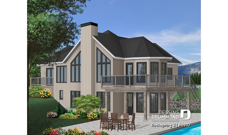 Version couleur no. 1 - Vue arrière - Plan de maisono à vue panoramique, 2 grandes chambres et sous-sol aménageable, garage - Rockspring 3