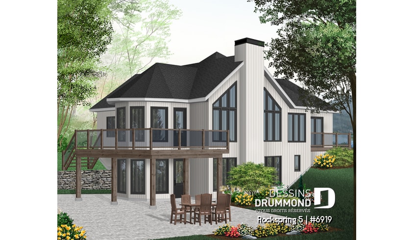 Version couleur no. 1 - Vue arrière - Plan de maison style chalet panoramique, 2 à 4 chambres selon finition du sous-sol, plafond cathédral, foyer - Rockspring 5