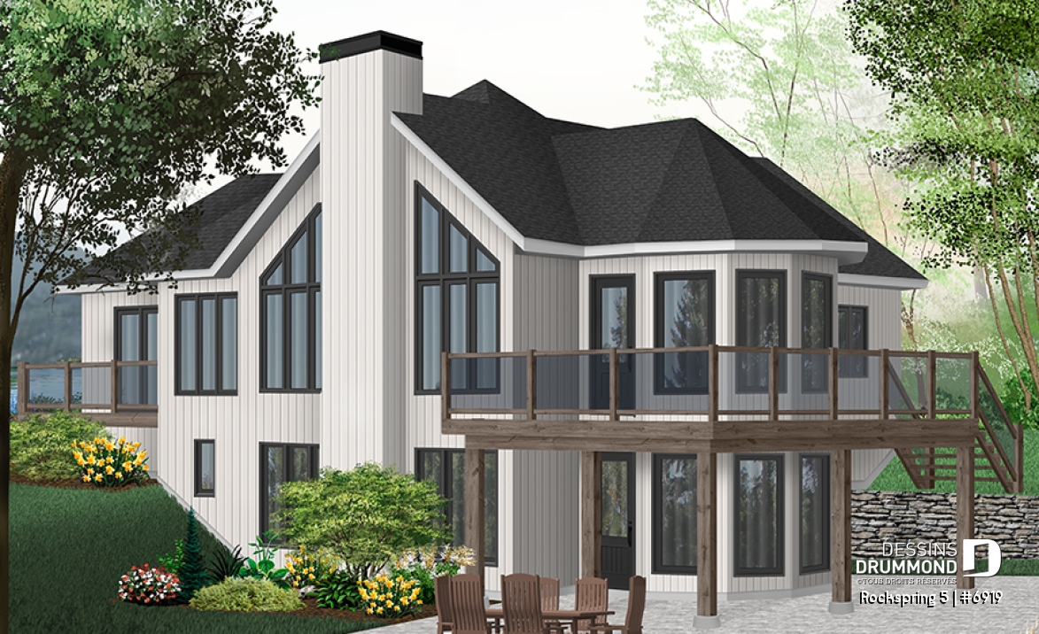 Vue arrière - MODÈLE DE BASE - Plan de maison style chalet panoramique, 2 à 4 chambres selon finition du sous-sol, plafond cathédral, foyer - Rockspring 5