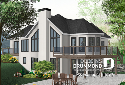Vue arrière - MODÈLE DE BASE - Plan de maison style chalet panoramique, 2 à 4 chambres selon finition du sous-sol, plafond cathédral, foyer - Rockspring 5