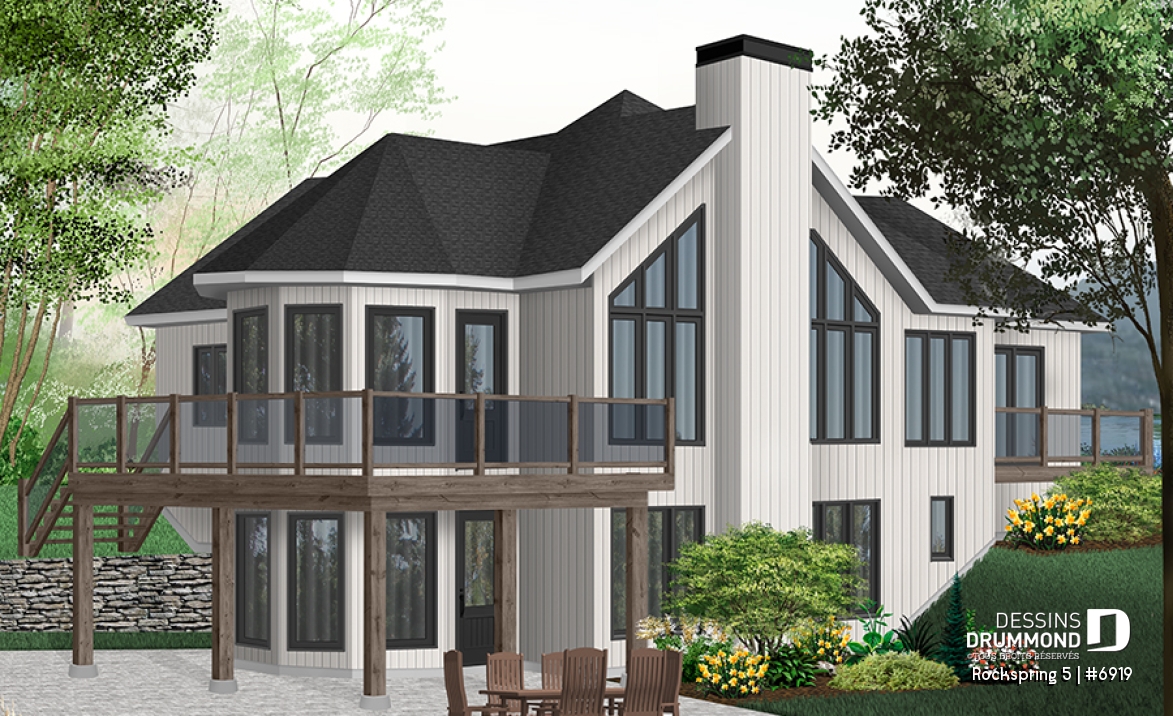 Vue arrière - MODÈLE DE BASE - Plan de maison style chalet panoramique, 2 à 4 chambres selon finition du sous-sol, plafond cathédral, foyer - Rockspring 5