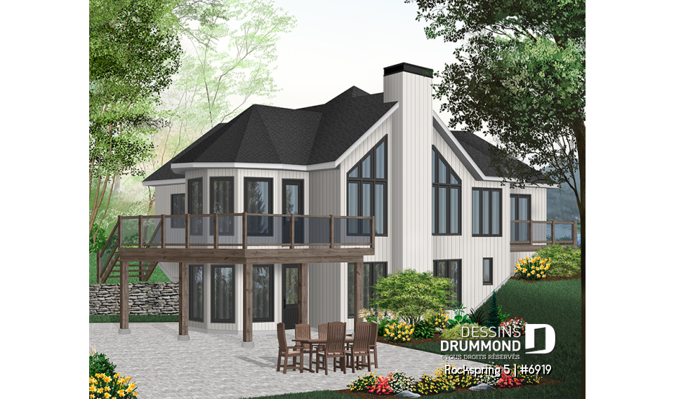 Vue arrière - MODÈLE DE BASE - Plan de maison style chalet panoramique, 2 à 4 chambres selon finition du sous-sol, plafond cathédral, foyer - Rockspring 5