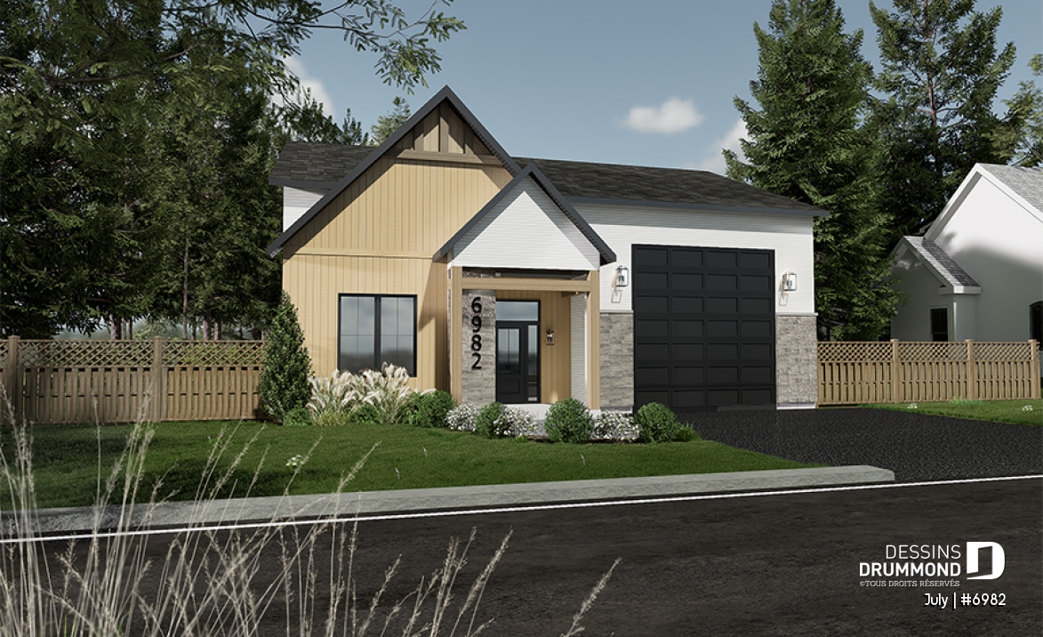 Vue avant - MODÈLE DE BASE - Modèle de petite maison abordable, garage attaché pour VR et une chambre OU option sans garage avec 3 chambres - July