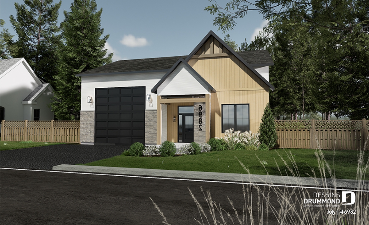 Vue avant - MODÈLE DE BASE - Modèle de petite maison abordable, garage attaché pour VR et une chambre OU option sans garage avec 3 chambres - July