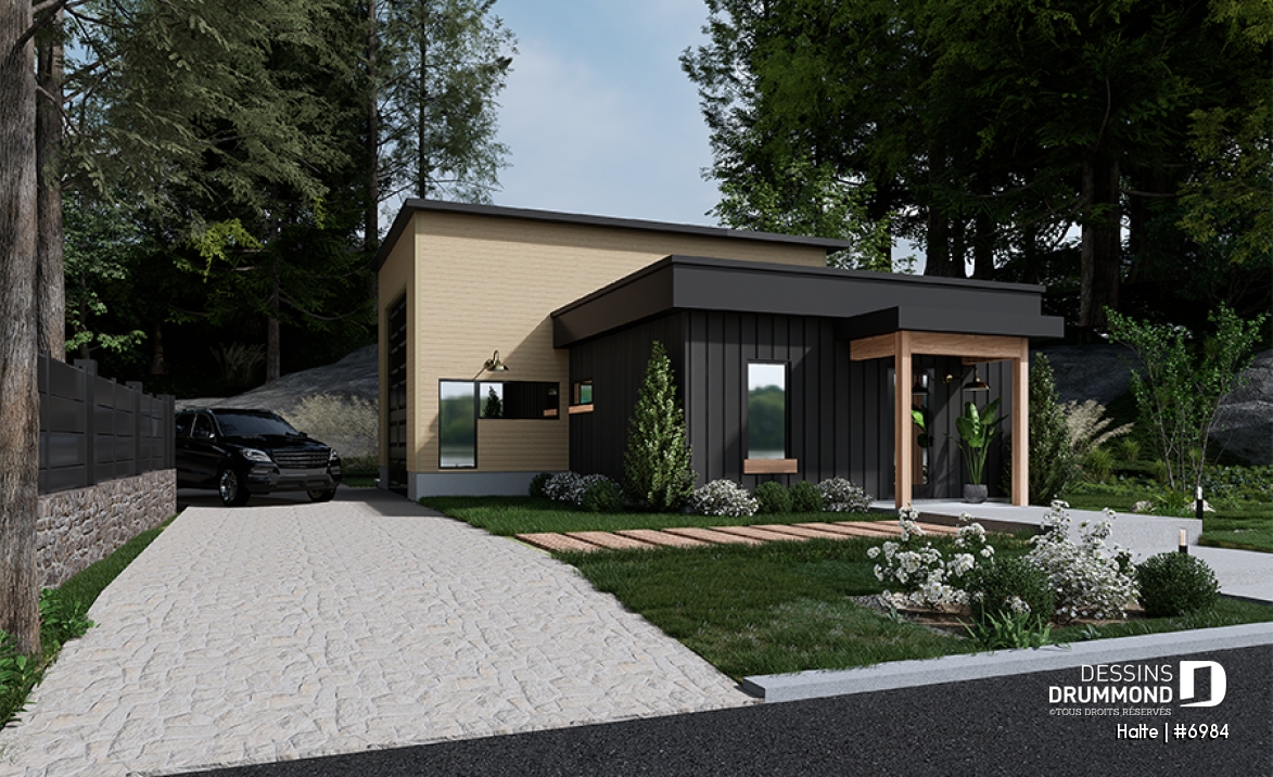 Version couleur no. 1 - Vue avant - Maison moderne cubique avec garage pour motorisé et plusieurs options d'aménagement intérieur - Halte
