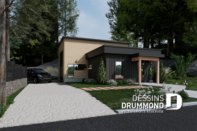 Version couleur no. 1 - Vue avant - Maison moderne cubique avec garage pour motorisé et plusieurs options d'aménagement intérieur - Halte