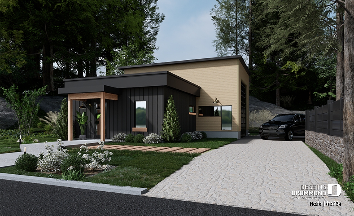 Version couleur no. 1 - Vue avant - Maison moderne cubique avec garage pour motorisé et plusieurs options d'aménagement intérieur - Halte