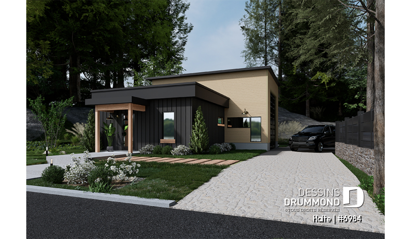 Version couleur no. 1 - Vue avant - Maison moderne cubique avec garage pour motorisé et plusieurs options d'aménagement intérieur - Halte