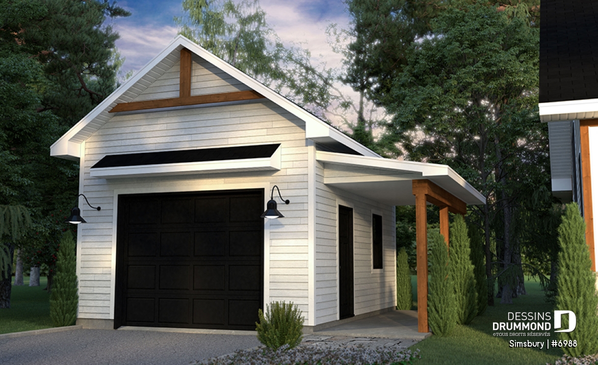 Vue avant - MODÈLE DE BASE - Modèle de garage farmhouse 320 pi² avec appentis de rangement et dalle flottante, compact et polyvalent - Simsbury