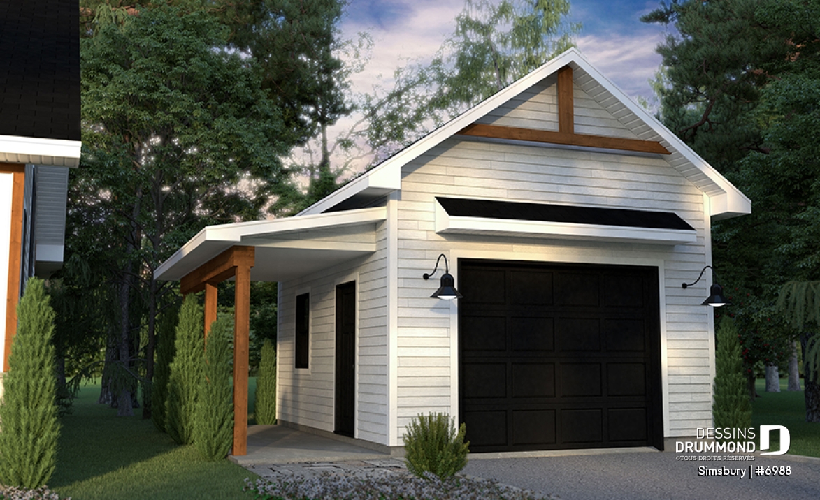 Vue avant - MODÈLE DE BASE - Modèle de garage farmhouse 320 pi² avec appentis de rangement et dalle flottante, compact et polyvalent - Simsbury