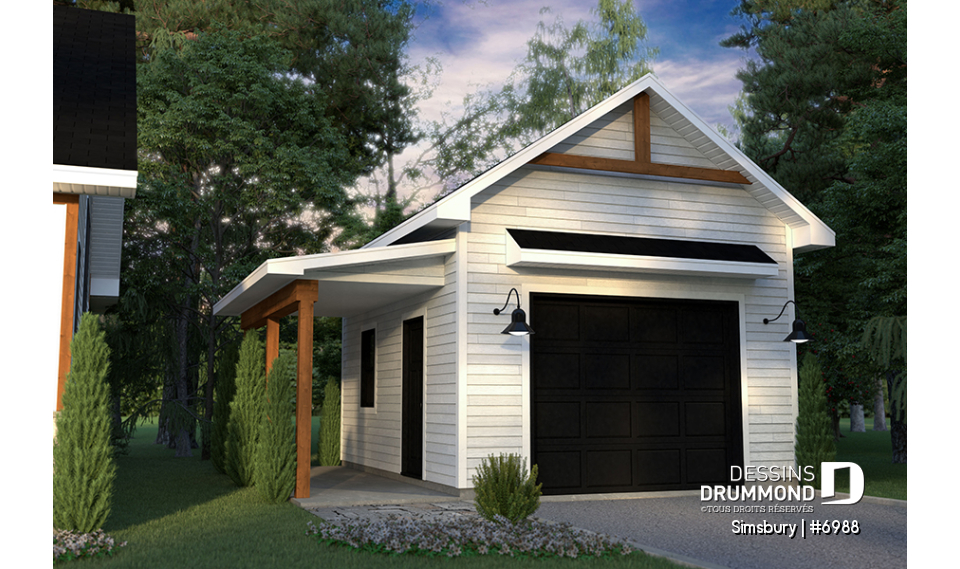 Vue avant - MODÈLE DE BASE - Modèle de garage farmhouse 320 pi² avec appentis de rangement et dalle flottante, compact et polyvalent - Simsbury