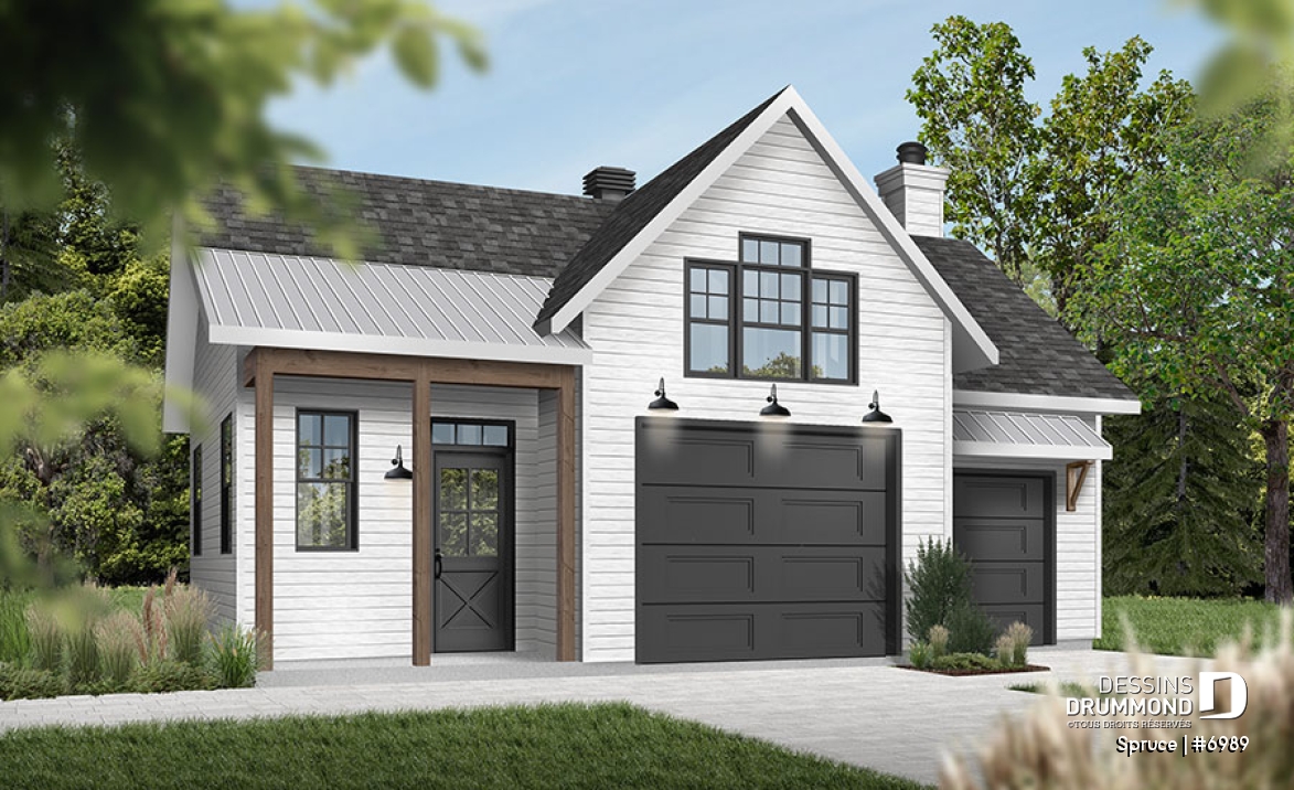 Vue avant - MODÈLE DE BASE - Superbe plan de garage avec atelier, espace pour jardinage et poêle à bois. Rangement boni à l'étage. - Spruce