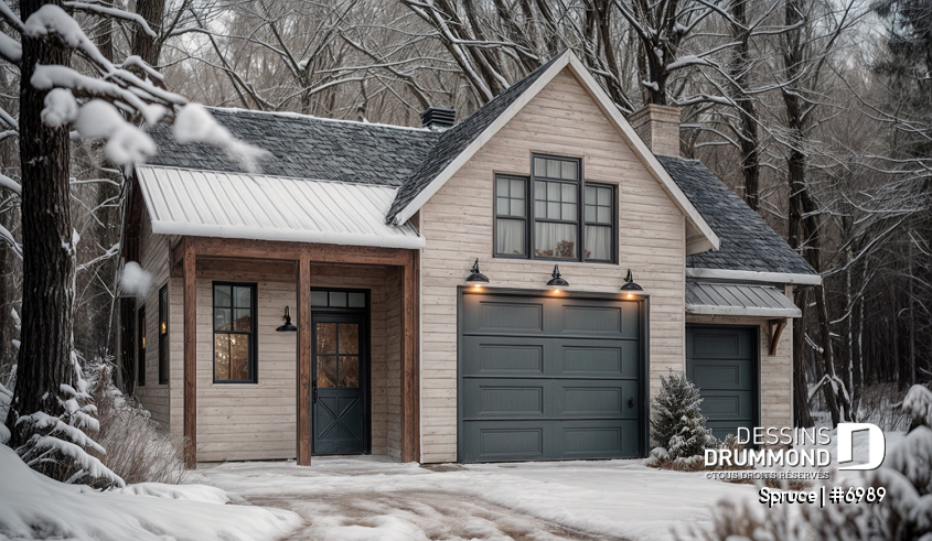 Vue avant - MODÈLE DE BASE - Superbe plan de garage avec atelier, espace pour jardinage et poêle à bois. Rangement boni à l'étage. - Spruce