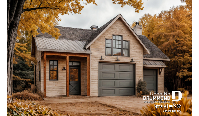 Vue avant - MODÈLE DE BASE - Superbe plan de garage avec atelier, espace pour jardinage et poêle à bois. Rangement boni à l'étage. - Spruce