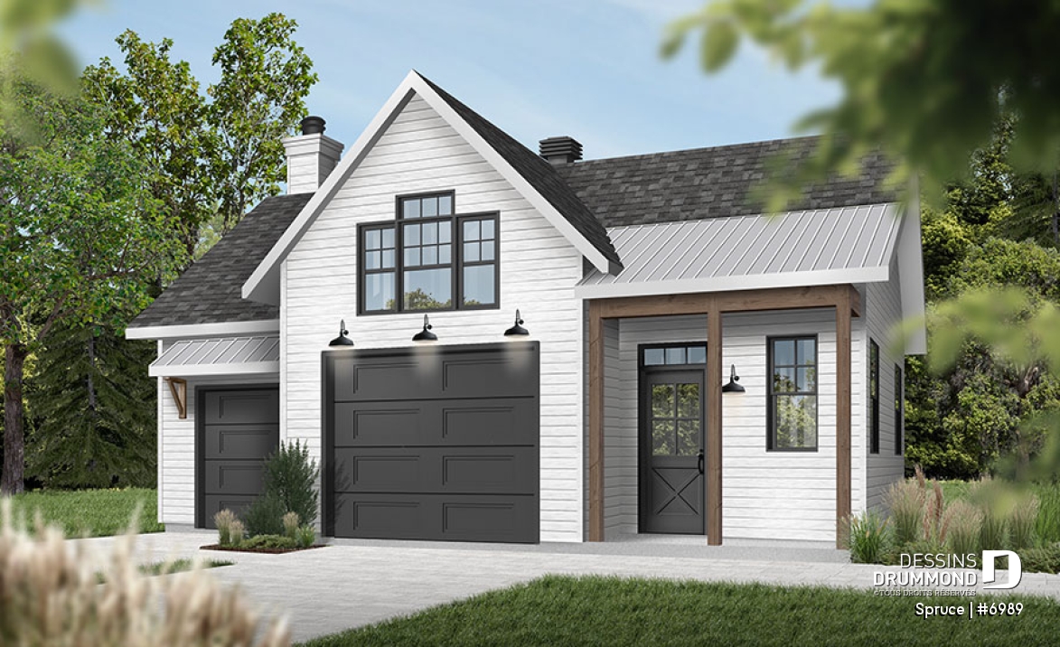 Vue avant - MODÈLE DE BASE - Superbe plan de garage avec atelier, espace pour jardinage et poêle à bois. Rangement boni à l'étage. - Spruce
