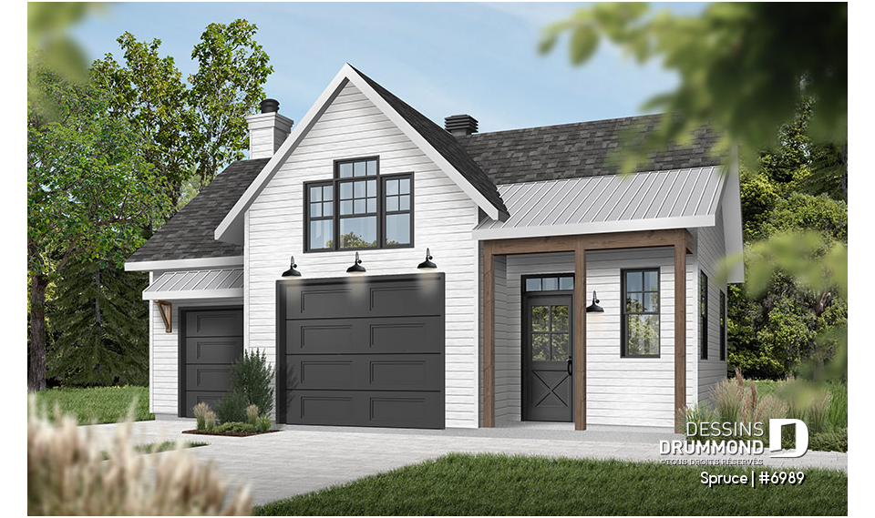 Vue avant - MODÈLE DE BASE - Superbe plan de garage avec atelier, espace pour jardinage et poêle à bois. Rangement boni à l'étage. - Spruce