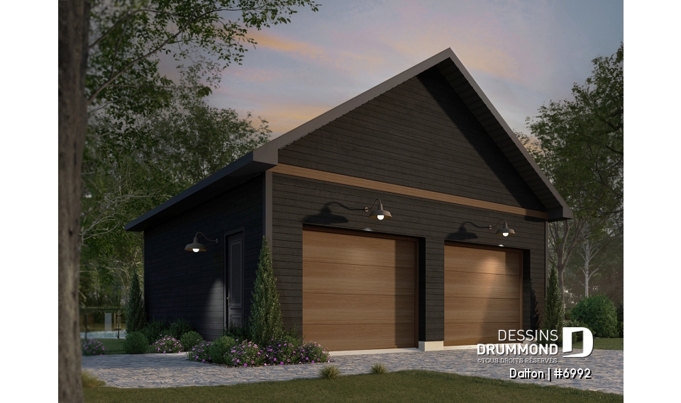 Vue avant - MODÈLE DE BASE - Plan de garage double avec plafond à 9' - Dalton