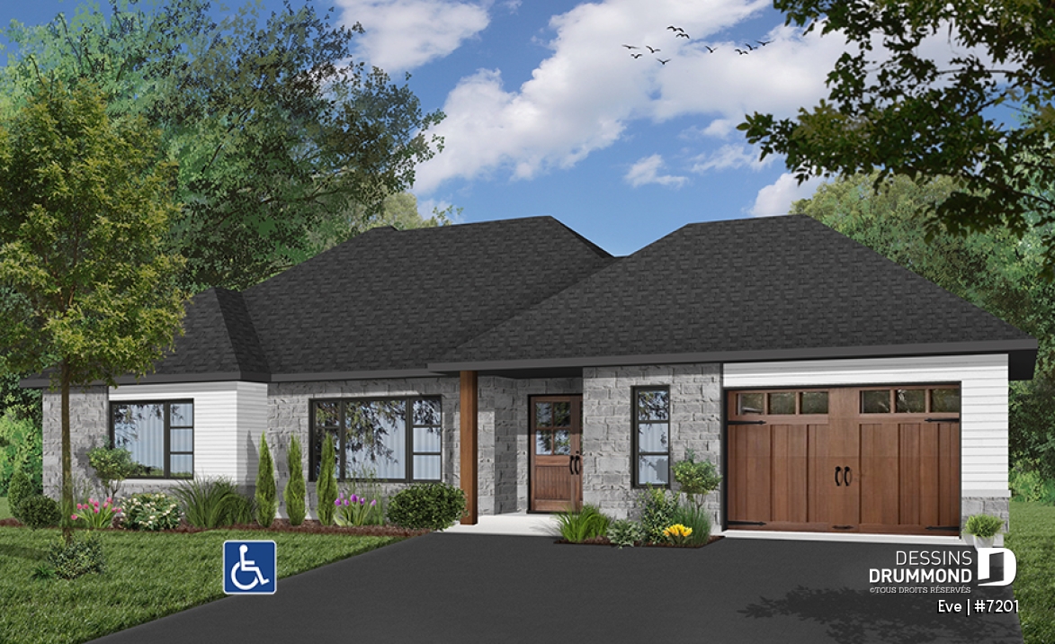 Version couleur no. 3 - Vue avant - Maison plain-pied accessible pour chaise roulante avec ascenseur, garage intégré et aménagement sans obstacles - Eve