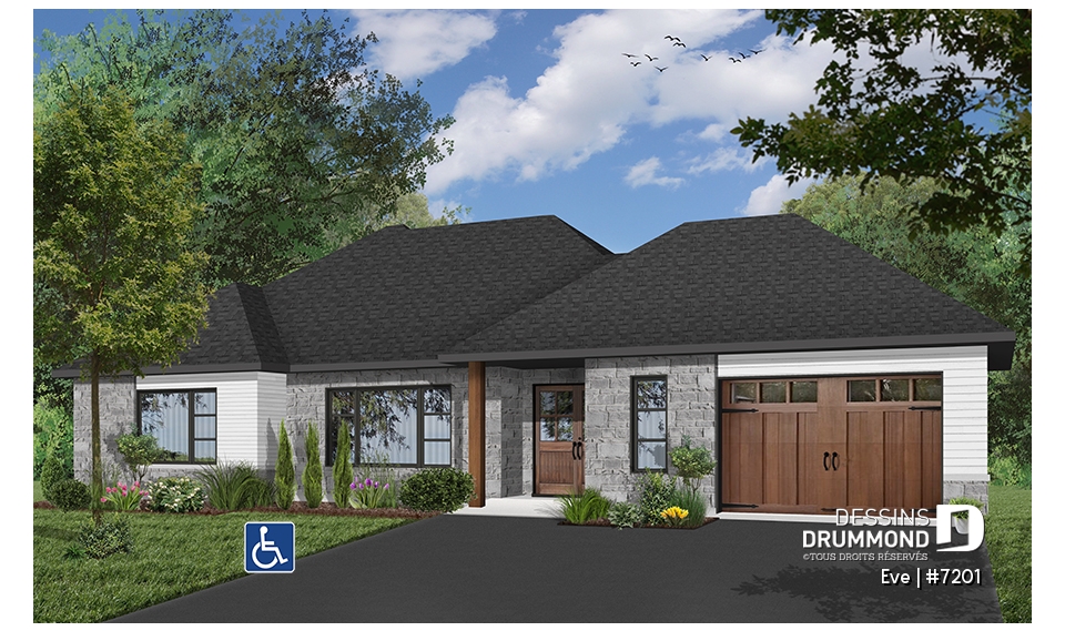 Version couleur no. 3 - Vue avant - Plan de maison avec ascenseur et entièrement adapté pour fauteuil roulant, 2 chambres, bureau, garage - Eve
