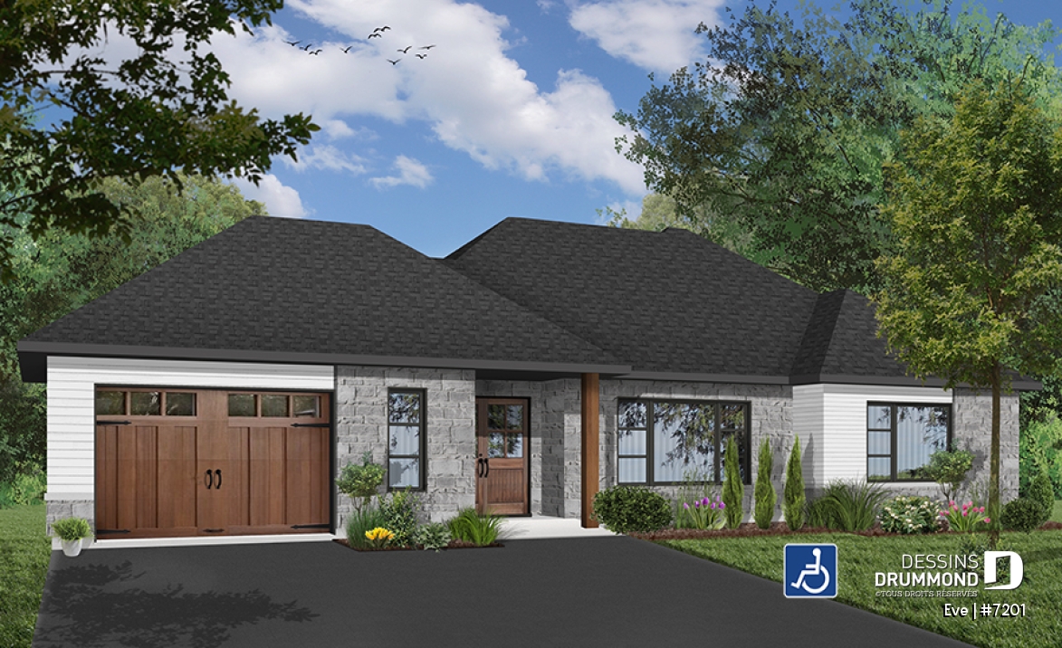 Version couleur no. 3 - Vue avant - Maison plain-pied accessible pour chaise roulante avec ascenseur, garage intégré et aménagement sans obstacles - Eve