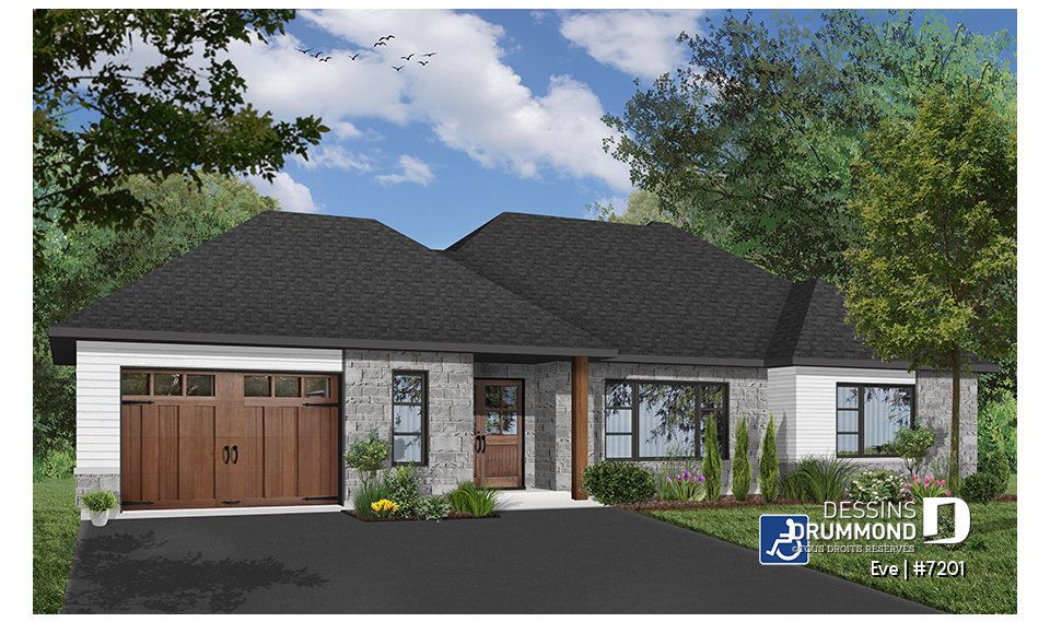 Version couleur no. 3 - Vue avant - Maison plain-pied accessible pour chaise roulante avec ascenseur, garage intégré et aménagement sans obstacles - Eve