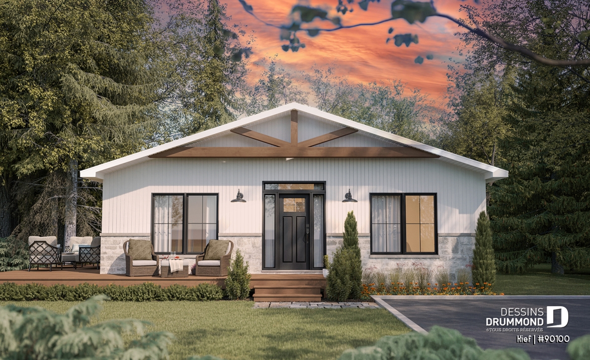 Vue avant - MODÈLE DE BASE - Plan éco-responsable petit chalet ou maison compacte, 2 à 4 chambres, cathédral, s-sol aménagé optionnel ($) - Kief