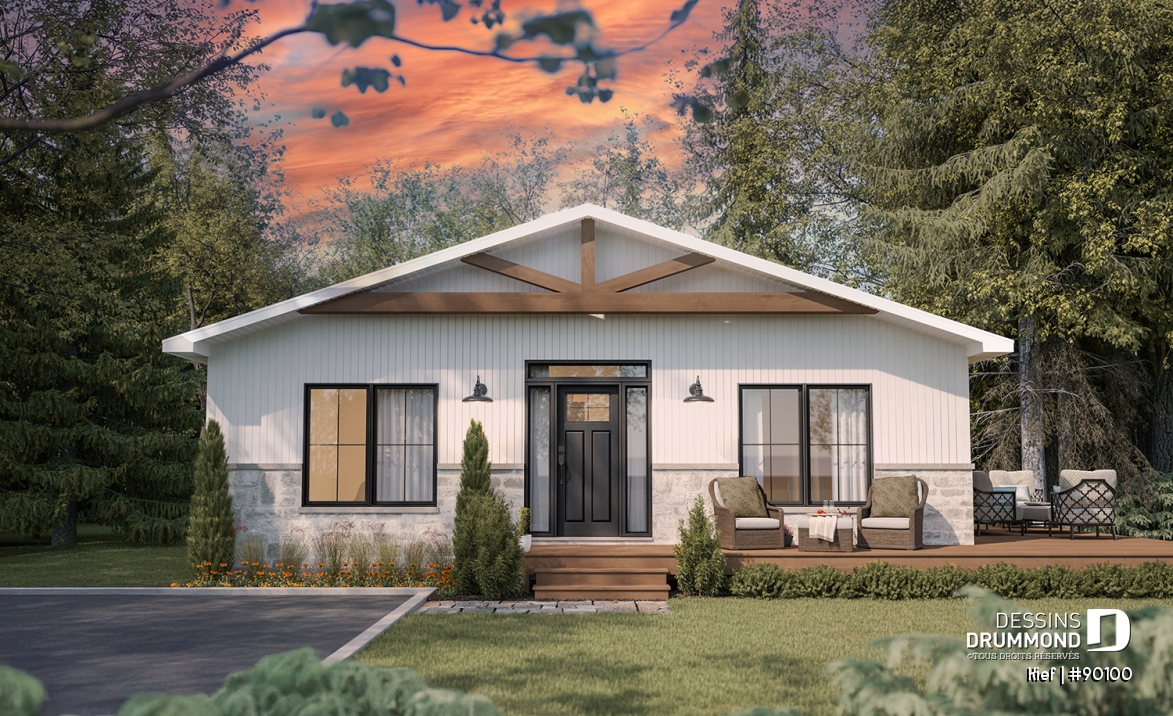 Vue avant - MODÈLE DE BASE - Plan éco-responsable petit chalet ou maison compacte, 2 à 4 chambres, cathédral, s-sol aménagé optionnel ($) - Kief