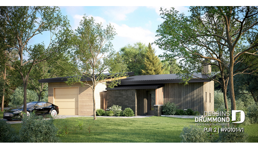 Version couleur no. 1 - Vue avant - Plan de mini maison écologique avec serre et garage, une chambre, concept à aire ouverte - PUR 2
