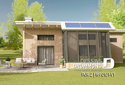 Vue arrière - MODÈLE DE BASE - Plan de mini maison écologique avec serre et garage, une chambre, mezzanine, concept à aire ouverte - PUR 2