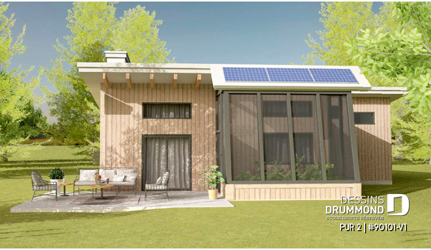 Vue arrière - MODÈLE DE BASE - Plan de mini maison écologique avec serre et garage, une chambre, mezzanine, concept à aire ouverte - PUR 2
