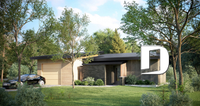 Vue avant - MODÈLE DE BASE - Plan de petite maison éco-responsable avec serre et garage, une chambre, concept à aire ouverte - PUR 2