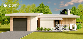 Vue avant - MODÈLE DE BASE - Plan de mini maison écologique avec serre et garage, une chambre, mezzanine, concept à aire ouverte - PUR 2