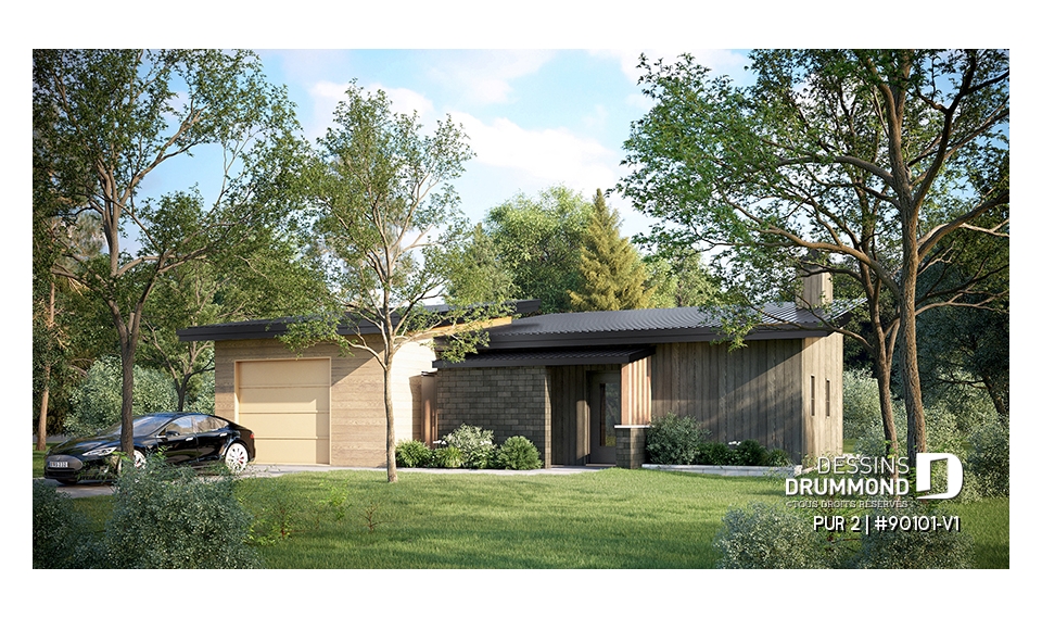 Vue avant - MODÈLE DE BASE - Plan de petite maison éco-responsable avec serre et garage, une chambre, concept à aire ouverte - PUR 2