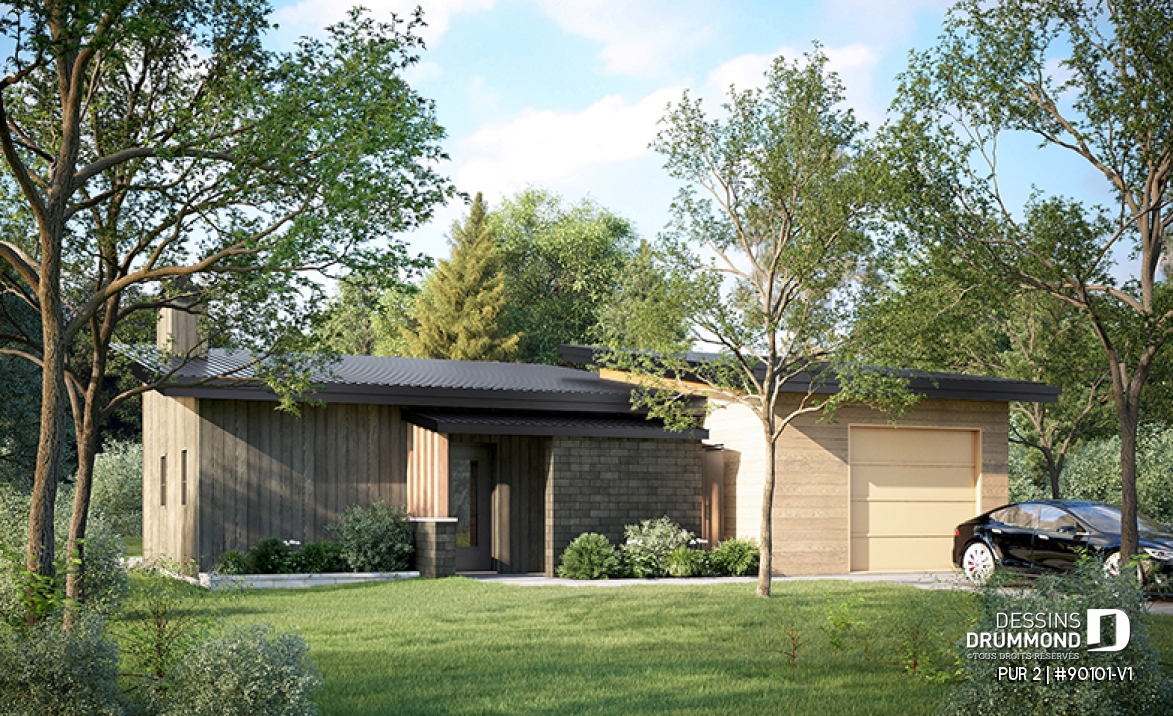 Vue avant - MODÈLE DE BASE - Plan de petite maison éco-responsable avec serre et garage, une chambre, concept à aire ouverte - PUR 2