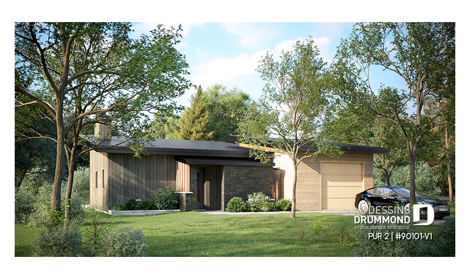 Vue avant - MODÈLE DE BASE - Plan de petite maison éco-responsable avec serre et garage, une chambre, concept à aire ouverte - PUR 2