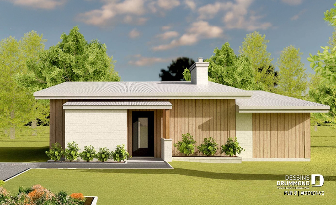 Vue avant - MODÈLE DE BASE - Plan de maison éco-responsable avec 3 chambres, serre à légumes et espace à aire ouverte - PUR 3