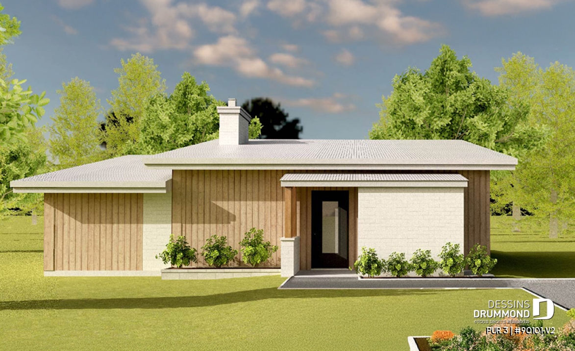 Vue avant - MODÈLE DE BASE - Plan de maison éco-responsable avec 3 chambres, serre à légumes et espace à aire ouverte - PUR 3