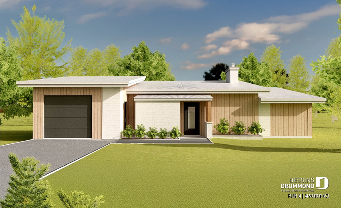 Vue avant - MODÈLE DE BASE - Plan de maison contemporaine et éco-responsable proposant 3 chambres, une serre et un garage - PUR 4
